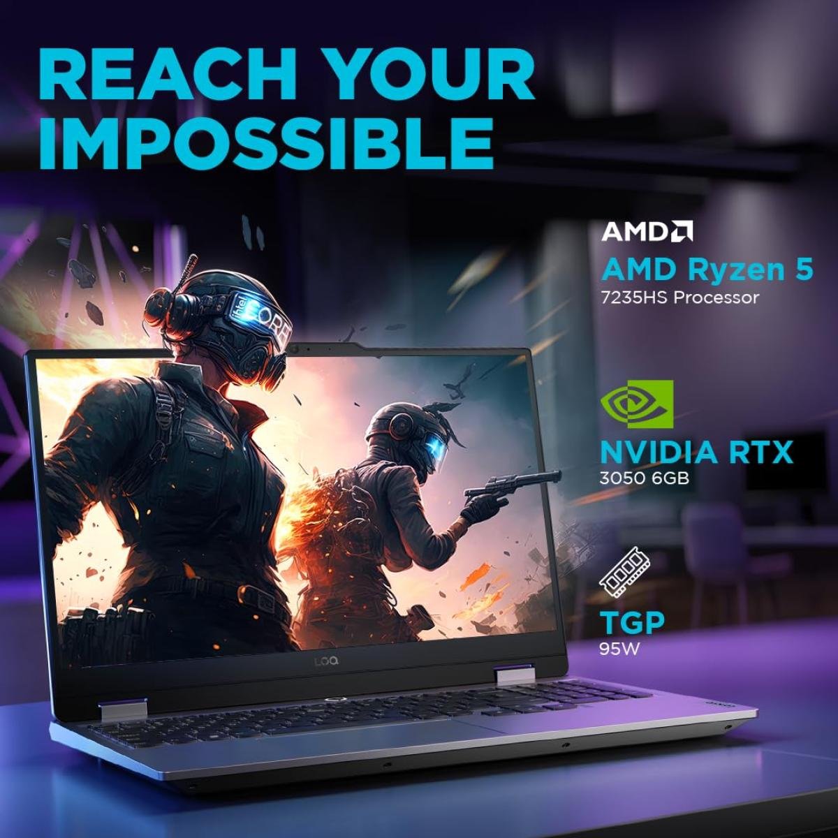Lenovo LOQ AMD Ryzen™ 5 7235HS Processor Up to 4.2 GHz NVIDIA GeForce RTX™ 3050 6GB 15.6" FHD 144Hz Refresh Rate - Luna Grey - Image 2