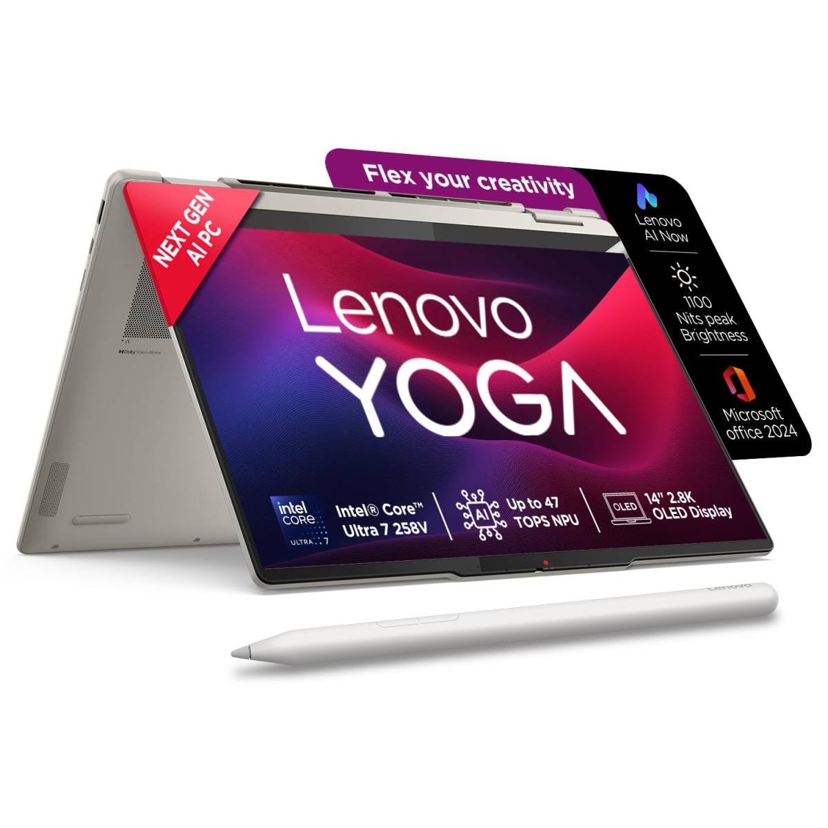 Laptop Lenovo Yoga 7 2-in-1 14ILL10, Intel Core™ Ultra 7 258V Intel® AI Boost, 32GB DDR5x, 1TB SSD, 14" 2.8K WQXGA+ (2880x1800) OLED 1100nits 100% DCI-P3 Dolby Vision Touch, Yoga Pen, Wi-Fi 7, Windows 11 Home, 2 Year Warranty - Luna Grey