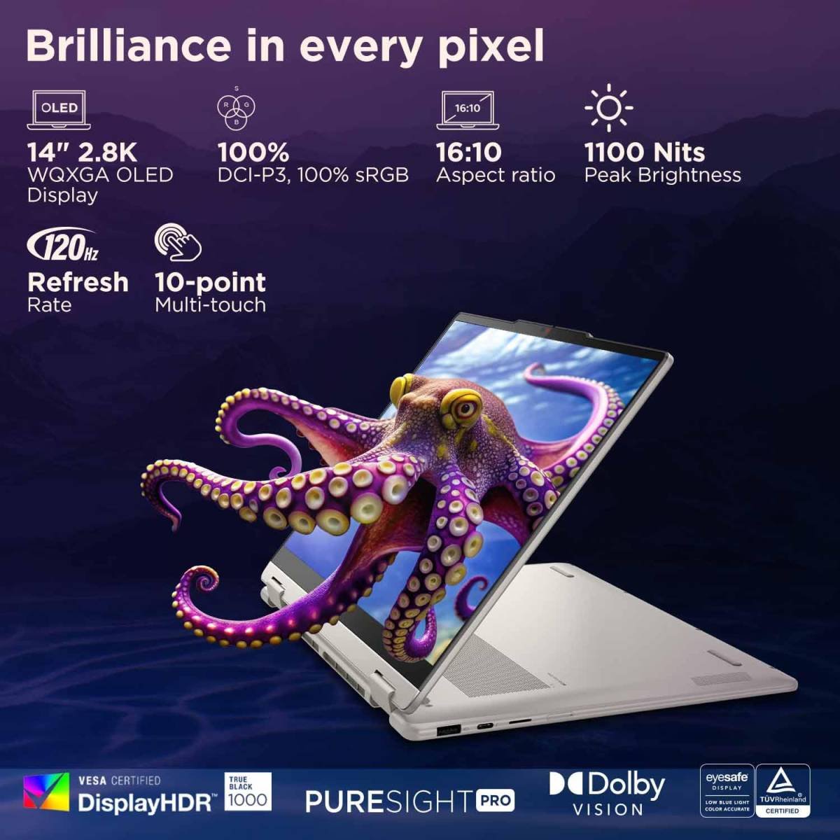 Laptop Lenovo Yoga 7 2-in-1 14ILL10, Intel Core™ Ultra 7 258V Intel® AI Boost, 32GB DDR5x, 1TB SSD, 14" 2.8K WQXGA+ (2880x1800) OLED 1100nits 100% DCI-P3 Dolby Vision Touch, Yoga Pen, Wi-Fi 7, Windows 11 Home, 2 Year Warranty - Luna Grey - Image 8