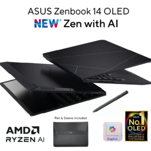 Laptop ASUS Zenbook 14 OLED | AMD Ryzen™ 7 8840HS Processor Ryzen™ AI XDNA  up to 38 TOPs 16GB DDR5X, 14.0-inch FHD Windows Hello Support, Sleeve & Stylus - Jade Black
