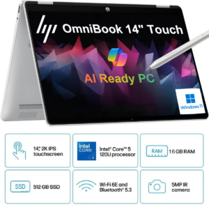HP OmniBook 5 Flip 14 inch Laptop PC 14-fp0045ne, Intel® Core™ 5 120U 5.0 GHz, 16 GB LPDDR5-5200, 512 GB PCIe®, 14-inch diagonal, 2K (1920 x 1200) IPS Touch w/ HP Rechargeable MPP 2.0 Tilt Pen - Windows 11 Home - 3 Year Warranty