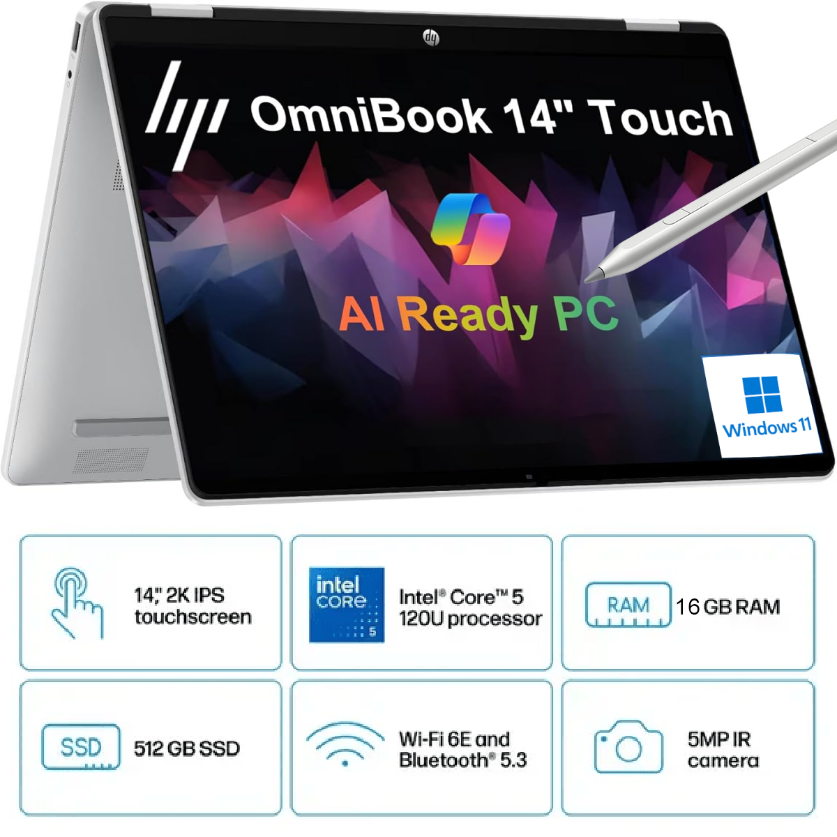HP OmniBook 5 Flip 14 inch Laptop PC 14-fp0045ne, Intel® Core™ 5 120U 5.0 GHz, 16 GB LPDDR5-5200, 512 GB PCIe®, 14-inch diagonal, 2K (1920 x 1200) IPS Touch w/ HP Rechargeable MPP 2.0 Tilt Pen - Windows 11 Home - 3 Year Warranty