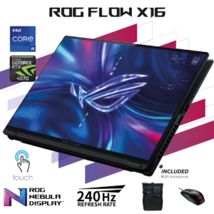Laptop ASUS  ROG Flow X16 13th Gen Intel® Core™ i9-13900H Processor 14 Cores NVIDIA® GeForce RTX™ 4070 GPU 321 AI TOPs 16" Touch 360° QHD+ 240Hz ROG Nebula Display