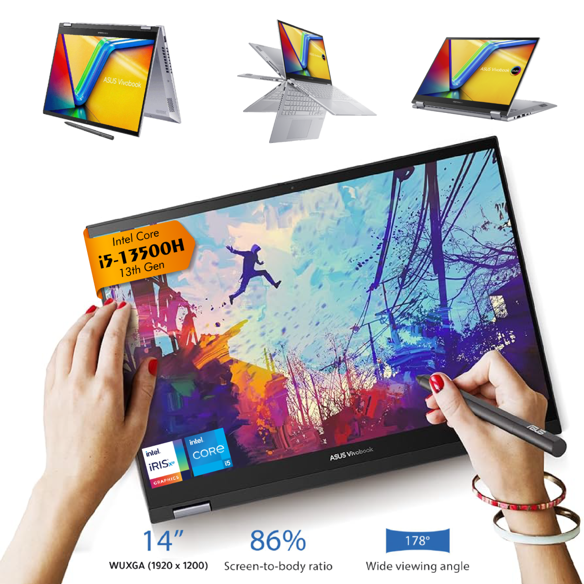 Laptop ASUS Vivobook S 14 Flip, Intel Core i5-13500H Processor, 8GB DDR4, 512GB M.2, 14.0" WUXGA Touch Stylus, Windows 11 Home | 13th Generation - Cool Silver