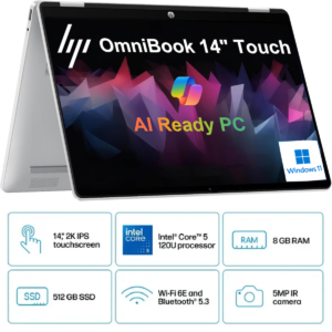 HP OmniBook 5 Flip 14 inch Laptop PC 14-fp0013dx Intel® Core™ 5 120U 5.0 GHz 8 GB LPDDR5-5200 512 GB PCIe® 14-inch diagonal, 2K (1920 x 1200) IPS Touch - Windows 11 Home