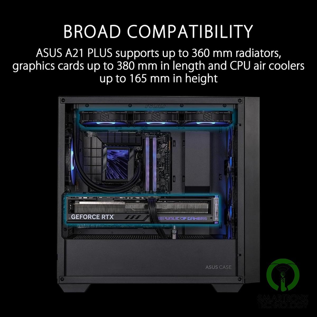 ASUS A21 PLUS (Black) Micro-ATX ARGB Mid Tower Tempered Glass Gaming Case, Front
