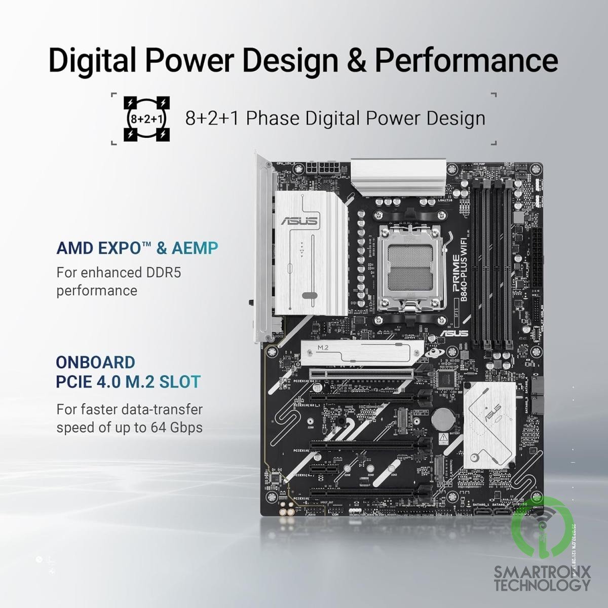 ASUS PRIME B840-Plus Wi-Fi 6E AM5 ATX AMD B840 Chipset, 4x DIMM DDR5 Slots, Up t