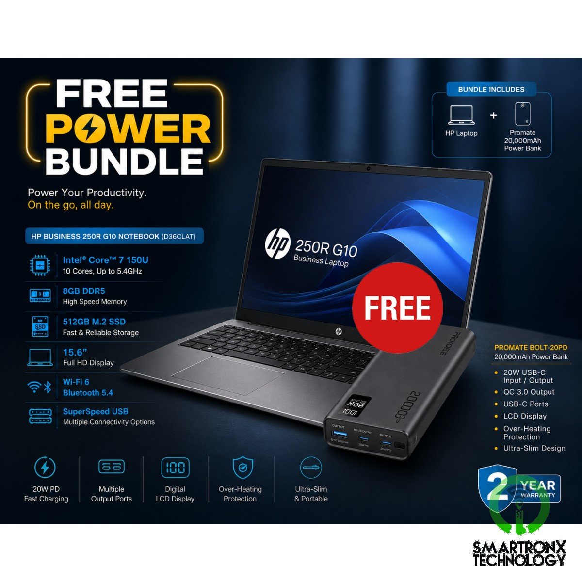 HP Business 250R G10 Notebook (D36CLAT) Laptop Free Power Bundle, Intel Core 7 1