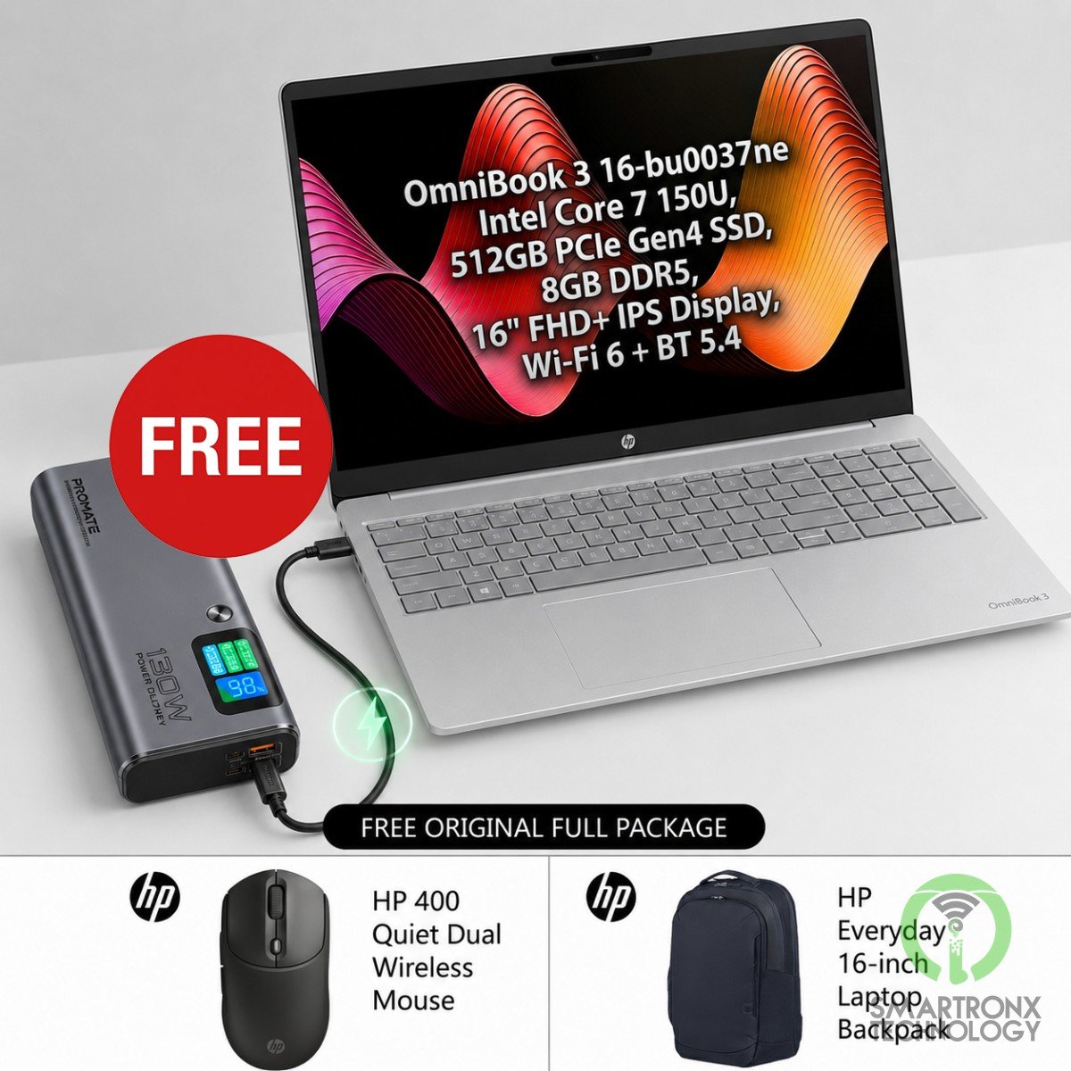 HP OmniBook 3 Laptop 16-bu0037ne Free Power Bundle, Intel Core 7 150U, 512GB SSD